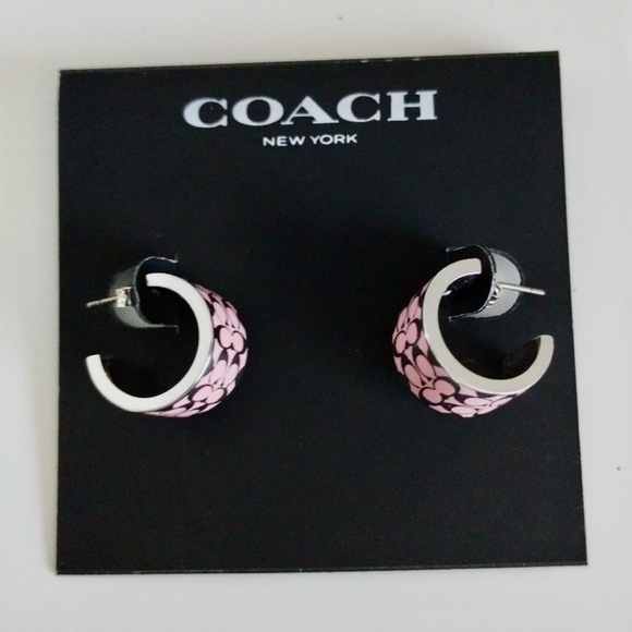 🩷COACH Signature Enamel Huggie Earrings / Silver & Pink - Picture 4 of 8